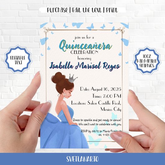 Quinceañera Blue Elegante Prinzessin Einladung