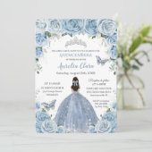 Quinceañera Blue Floral Butterfliegen Silver Tiara Einladung (Stehend Vorderseite)