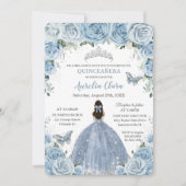 Quinceañera Blue Floral Butterfliegen Silver Tiara Einladung (Vorderseite)