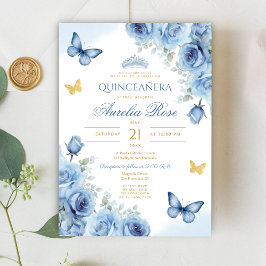 Quinceañera Blue Floral Gold Butterfly Tiara Einladung
