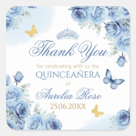 Quinceañera Blue Floral Gold Butterfly Tiara Quadratischer Aufkleber