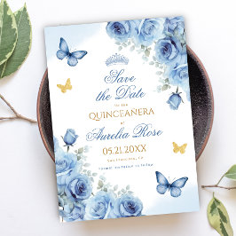 Quinceañera Blue Floral Gold Butterfly Tiara Save The Date