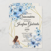 Quinceañera blue floral Invitation Einladung (Vorne/Hinten)