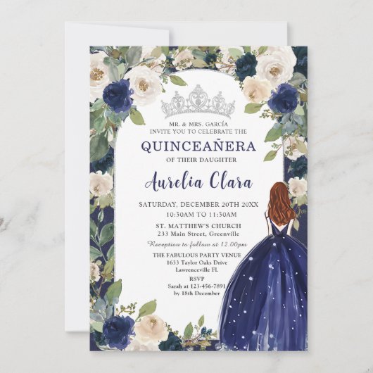 Quinceañera Blue Floral Princess Birthday Foto Einladung (Vorderseite)