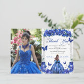 Quinceañera Blue Floral Princess Butterflies Foto Dankeskarte (Stehend Vorderseite)