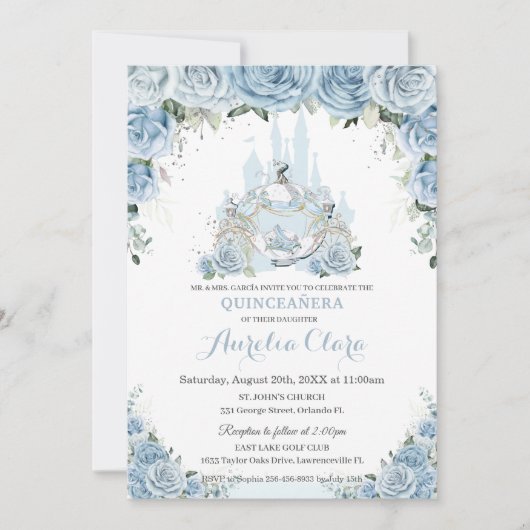 Quinceañera Blue Floral Princess Castle Carriage Einladung (Vorderseite)