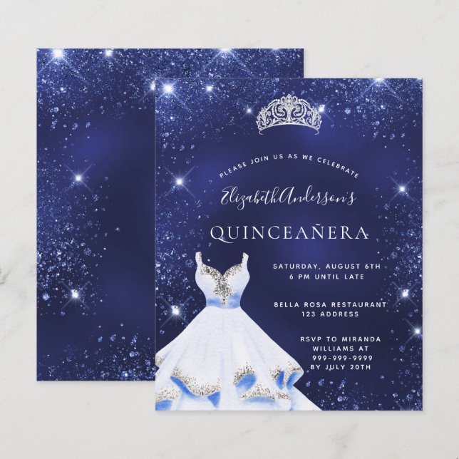 Quinceanera Blue Glitzer Einladung (Vorne/Hinten)