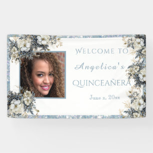 Quinceanera Blue Glitzer Watercolor Blume Banner