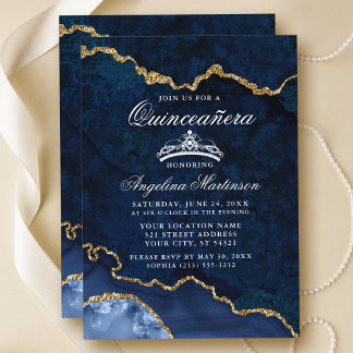 Quinceanera Blue Gold Marble Agate Geode Einladung