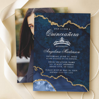 Quinceanera Blue Gold Marble Agate Geode Foto Einladung
