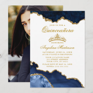 Quinceanera Blue Gold Marmor Crown Foto Einladung