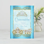 Quinceanera Blue Gold Märytale Aschenputtel Einladung (Stehend Vorderseite)