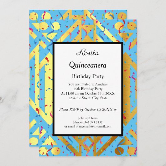 Quinceanera Blue Konfetti Gold Geburtstagsparty Einladung (Vorne/Hinten)