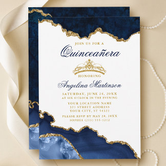 Quinceanera Blue Marble Gold Crown Einladung