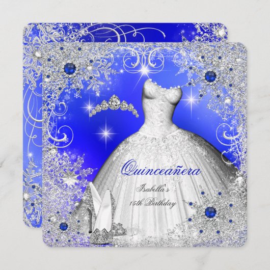 Quinceanera Blue Pearl Silver Winter Schneeflocken Einladung (Vorne/Hinten)