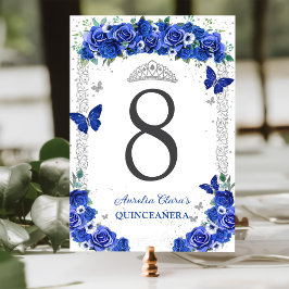 Quinceañera Blue Rose Floral Silber Schmetterlinge Tischnummer