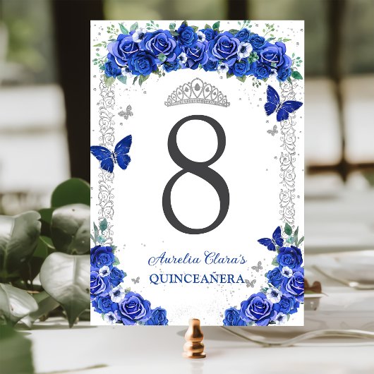 Quinceañera Blue Rose Floral Silber Schmetterlinge Tischnummer