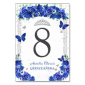 Quinceañera Blue Rose Floral Silber Schmetterlinge Tischnummer (Vorderseite)