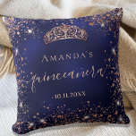 Quinceanera blue rose gold tiara name script kissen<br><div class="desc">For an elegant Quinceañera,  15th birthday.  A stylish blue background color,  the blue color is uneven. Decorated with rose gold faux glitter dust, a tiara crown. Personalize and add a name,  age and a date. Quinceañera is written with a modern hand lettered style script with swashes.</div>
