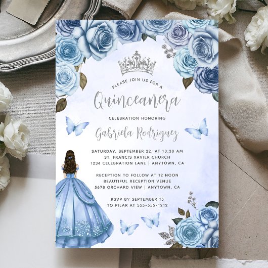 Quinceañera Blue Silver Floral Watercolor Einladung