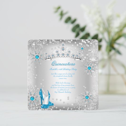 Quinceanera Blue Silver Winter Wonderland Einladung (Stehend Vorderseite)