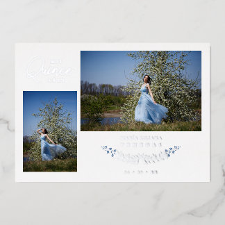 Quinceañera Blue Trendy Branches Spanish 2 Photos Folieneinladung