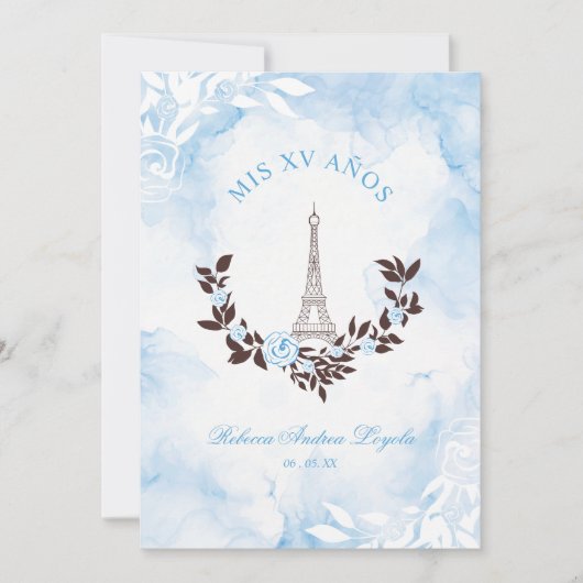Quinceañera Blue Watercolor Chic Paris Eiffel Einladung (Vorderseite)