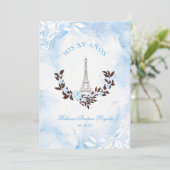 Quinceañera Blue Watercolor Chic Paris Eiffel Einladung (Stehend Vorderseite)