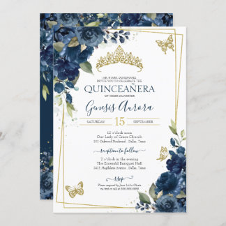 Quinceañera Blue Watercolor Floral Gold Butterfly Einladung