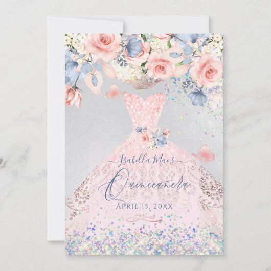 Quinceanera Blues Rosa Glitzer Gourmet Einladung (Vorderseite)