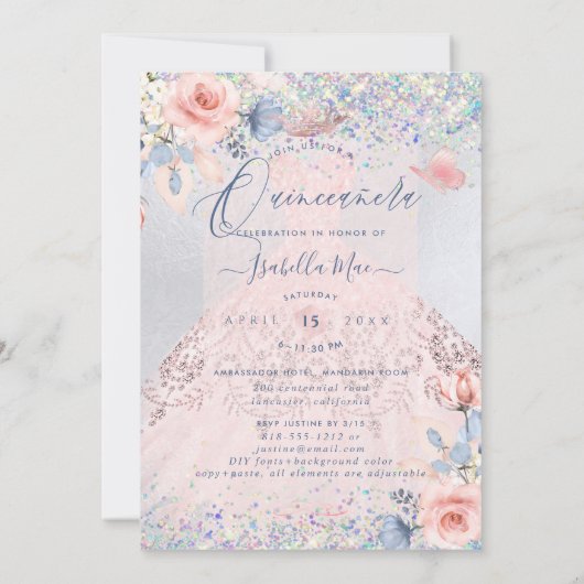 Quinceanera Blues Rosa Glitzer Gourmet Einladung (Rückseite)