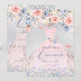 Quinceanera Blues Rosa Glitzer Gourmet Einladung