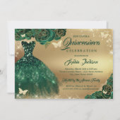 Quinceanera Blume Sparkle Gold Smaragdkleid Einladung (Rückseite)