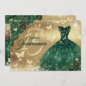 Quinceanera Blume Sparkle Gold Smaragdkleid Einladung (Vorne/Hinten)