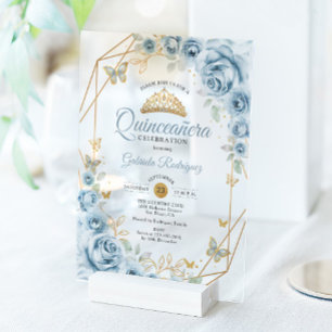 Quinceanera-Blumen Babyblau Gold Acryleinladungen