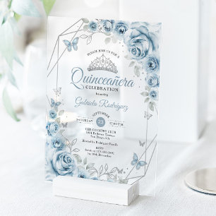 Quinceanera-Blumen Babyblau Silber Acryleinladungen