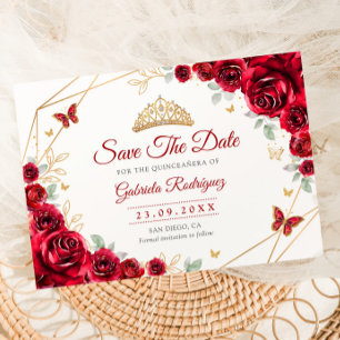 Quinceanera Blumen Rot Rosen Gold Save The Date