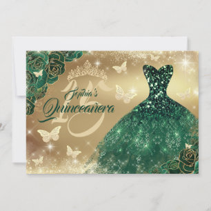 Quinceanera-Blumen-Sparkle-Gold-Smaragd-Kleid Einladung