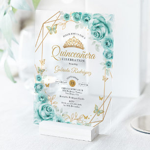 Quinceanera-Blumen Türkis Gold Acryleinladungen