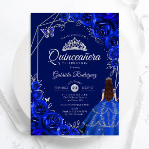 Quinceanera-Blumenkleid in königsblau und silber Einladung