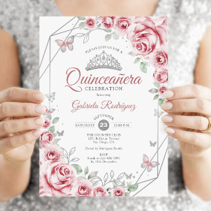 Quinceanera Blumenrosa Silber Einladung