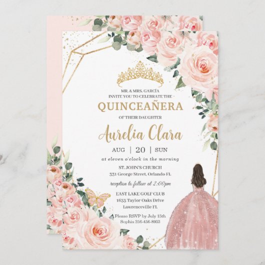 Quinceañera Blush Bloral Princess Gold Crown Einladung (Vorne/Hinten)