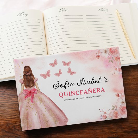 Quinceañera Blush Bloral Prinzessin Butterfells Go Gästebuch