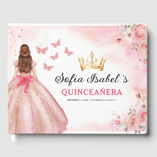Quinceañera Blush Bloral Prinzessin Butterfells Go Gästebuch (Vorderseite)