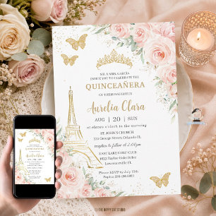 Quinceañera-Blush-Blumen Paris Eiffel Champagner  Einladung