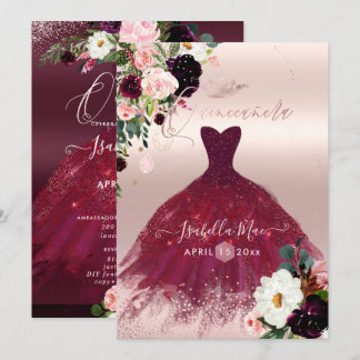 Quinceanera Blush Burgund Wasserfarben Blume Einladung