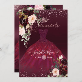 Quinceanera Blush Burgund Wasserfarben Blume Einladung