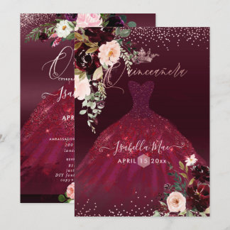 Quinceanera Blush Burgund Wasserfarben Blume Einladung