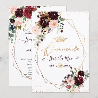 Quinceanera Blush Burgund Wasserfarben Blume Einladung