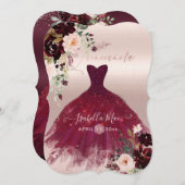 Quinceanera Blush Burgund Wasserfarben Blume Einladung (Vorne/Hinten)